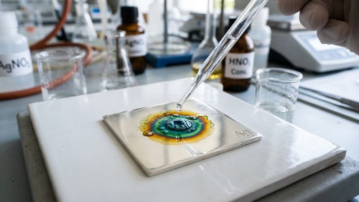 Phản ứng nhỏ giọt axit nitric lên bề mặt bạc tạo màu sắc chỉ thị khác nhau
