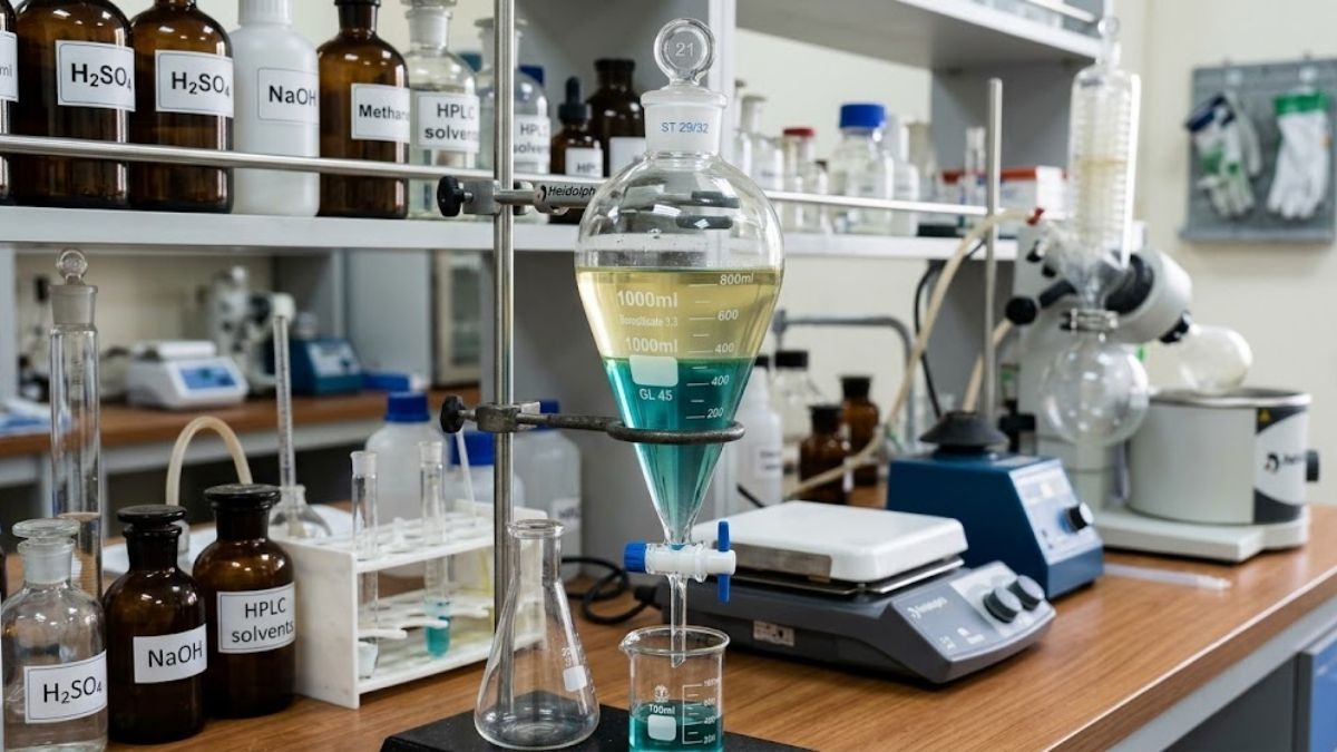 Phễu chiết quả lê thủy tinh Borosilicate 3.3 chuyên dụng trong phân tích hóa học