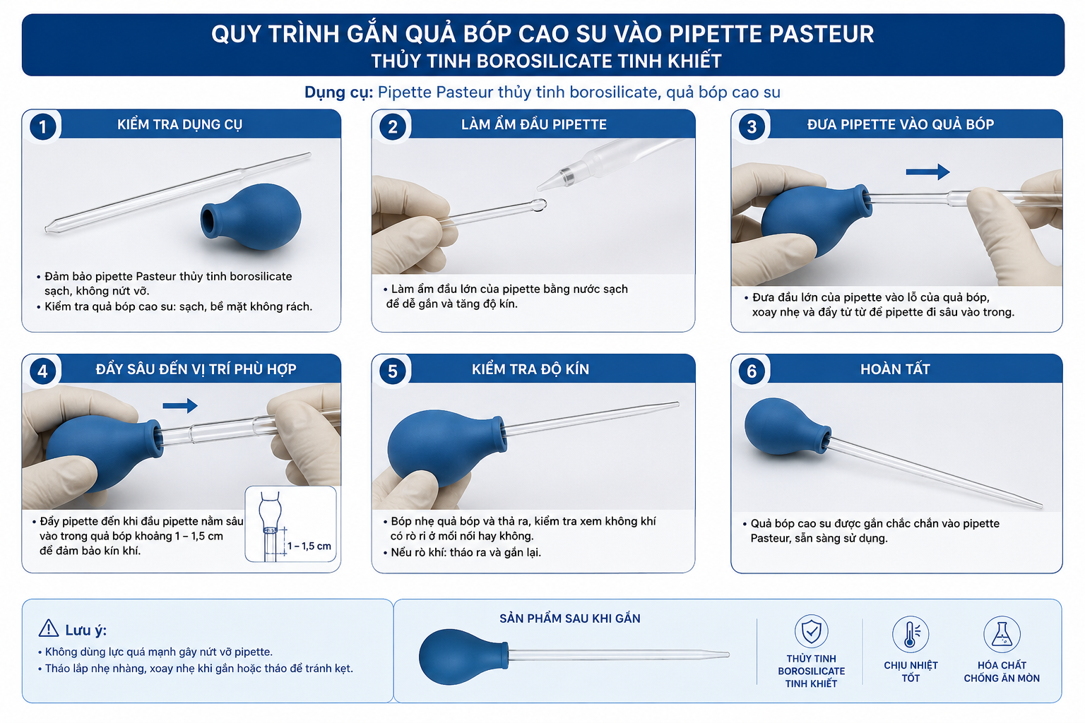 Quy trình gắn quả bóp cao su vào pipette Pasteur thủy tinh borosilicate tinh khiết