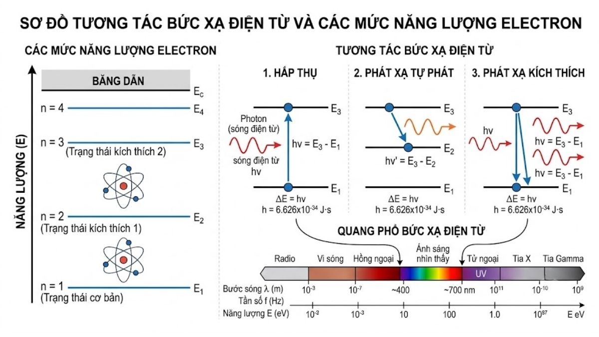 Sơ đồ tương tác bức xạ điện từ và các mức năng lượng electron