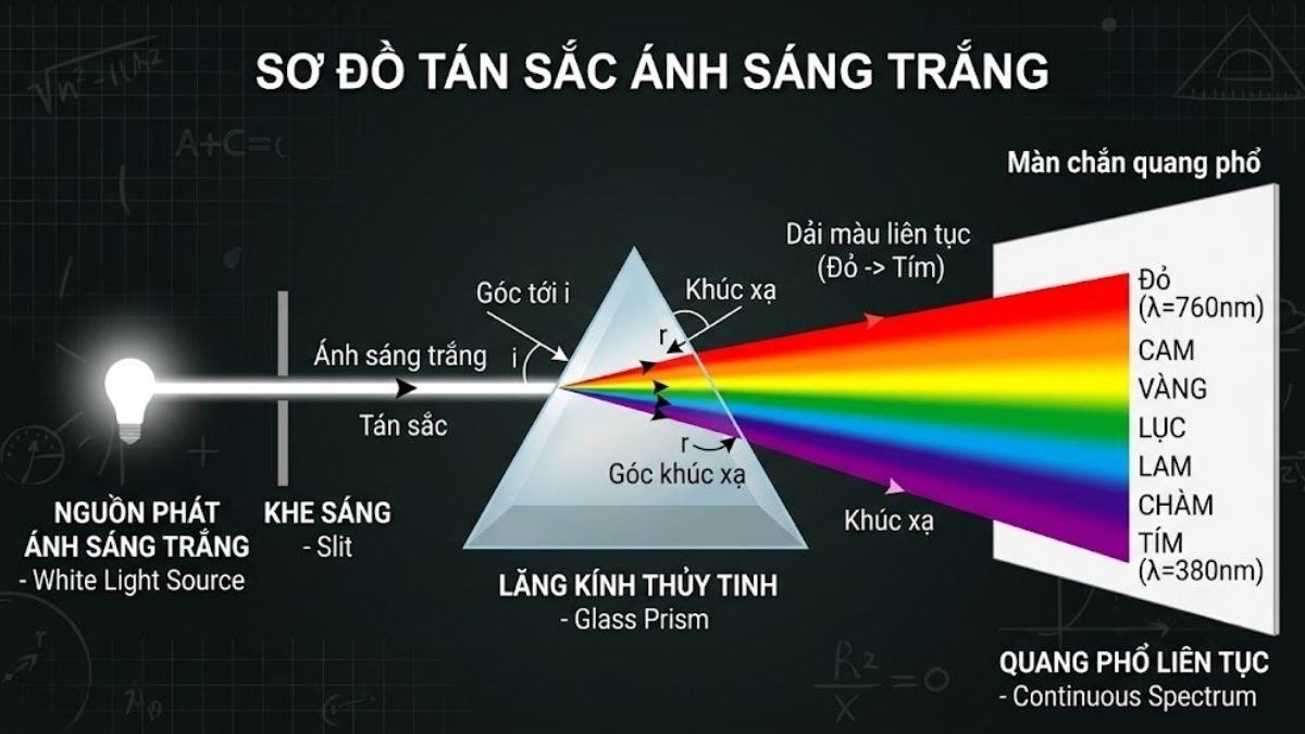 Sơ đồ tán sắc ánh sáng trắng từ nguồn phát qua lăng kính tạo dải màu liên tục từ đỏ đến tím