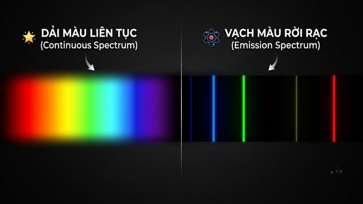 So sánh trực quan giữa dải màu liên tục và các vạch màu rời rạc trên nền tối của quang phổ vạch