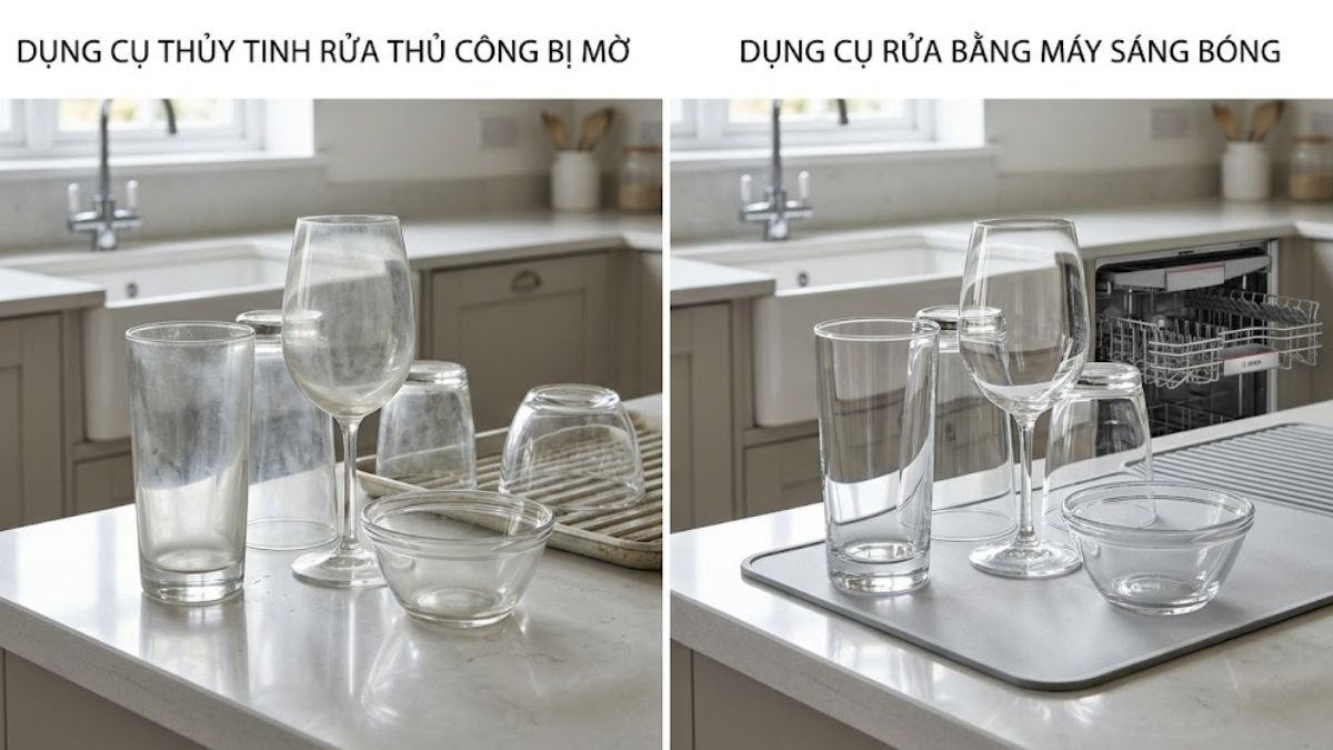 So sánh dụng cụ thủy tinh rửa thủ công bị mờ và dụng cụ rửa bằng máy sáng bóng