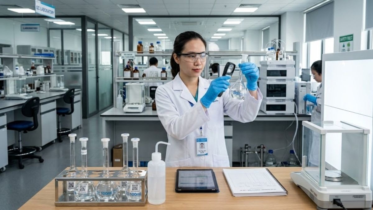 Kỹ thuật viên QA đang kiểm tra bình định mức thủy tinh tại phòng lab hiện đại