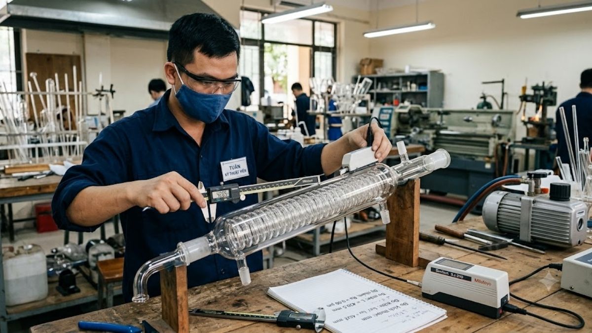 Kỹ thuật viên đo kích thước chiều dài và độ nhám của ống sinh hàn thủy tinh