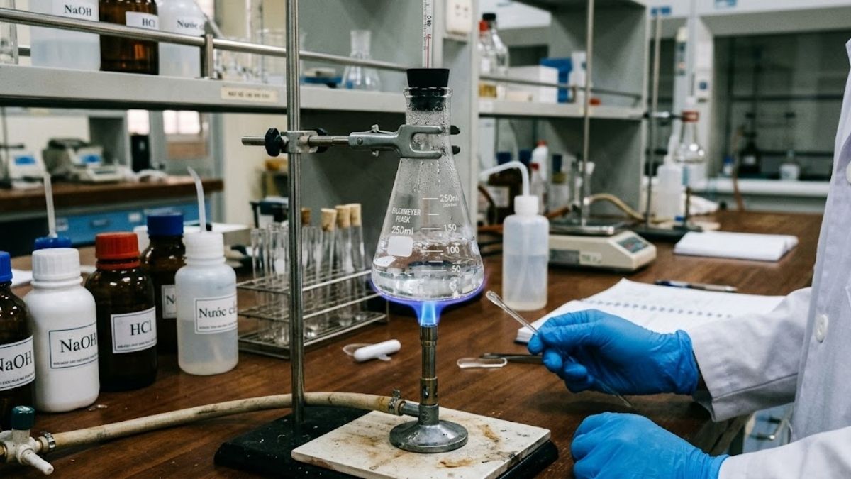 Quá trình đun nóng bình tam giác thủy tinh Borosilicate trên ngọn lửa đèn khí