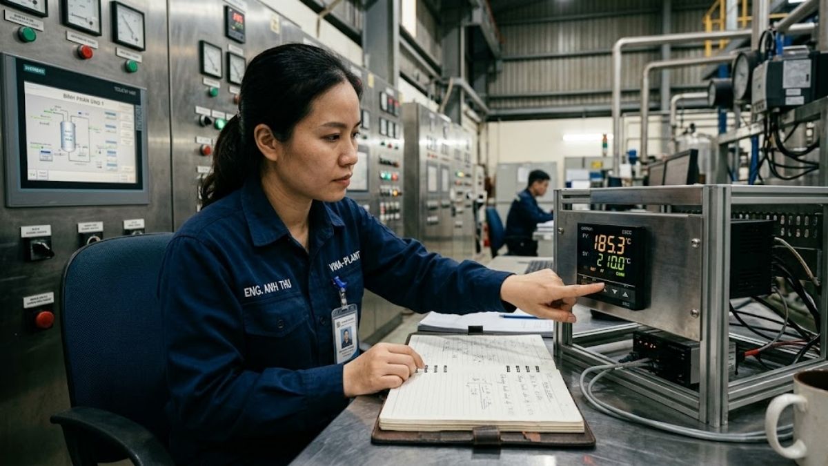 Kỹ sư vận hành thiết lập chương trình nhiệt độ trên bộ điều khiển PID kỹ thuật số