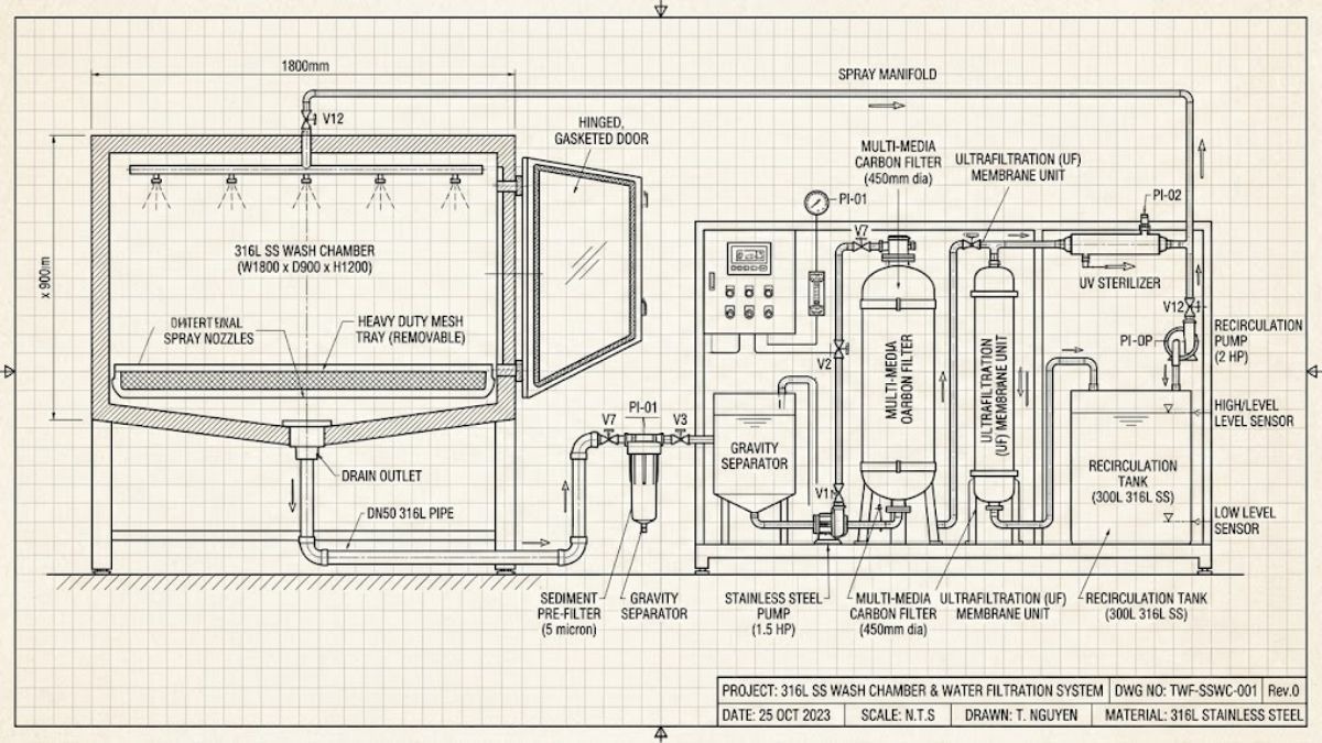 Bản vẽ kỹ thuật buồng rửa thép không gỉ 316L và hệ thống lọc nước
