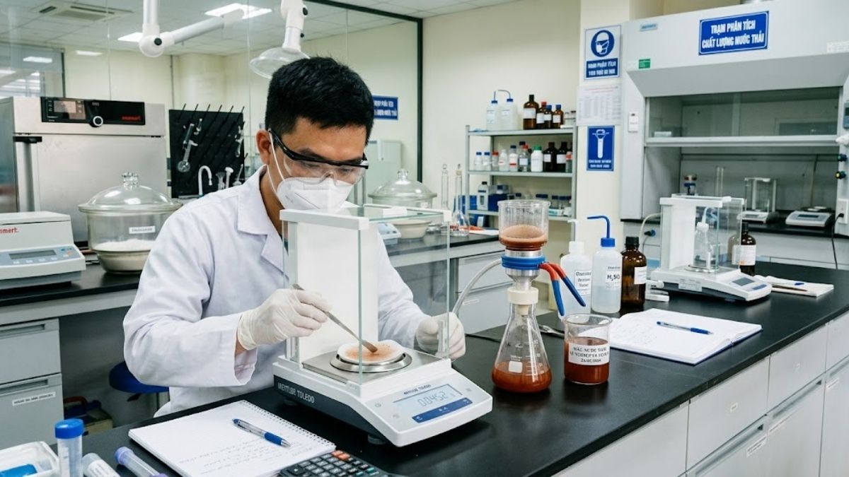 Kỹ sư tiến hành phân tích trọng lượng chỉ tiêu TSS nguồn nước thải công nghiệp