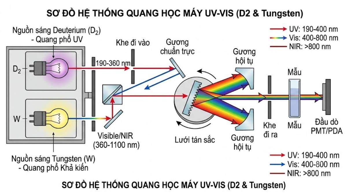 Sơ đồ hệ thống quang học máy UV-Vis sử dụng nguồn sáng Deuterium và Tungsten tạo phổ liên tục