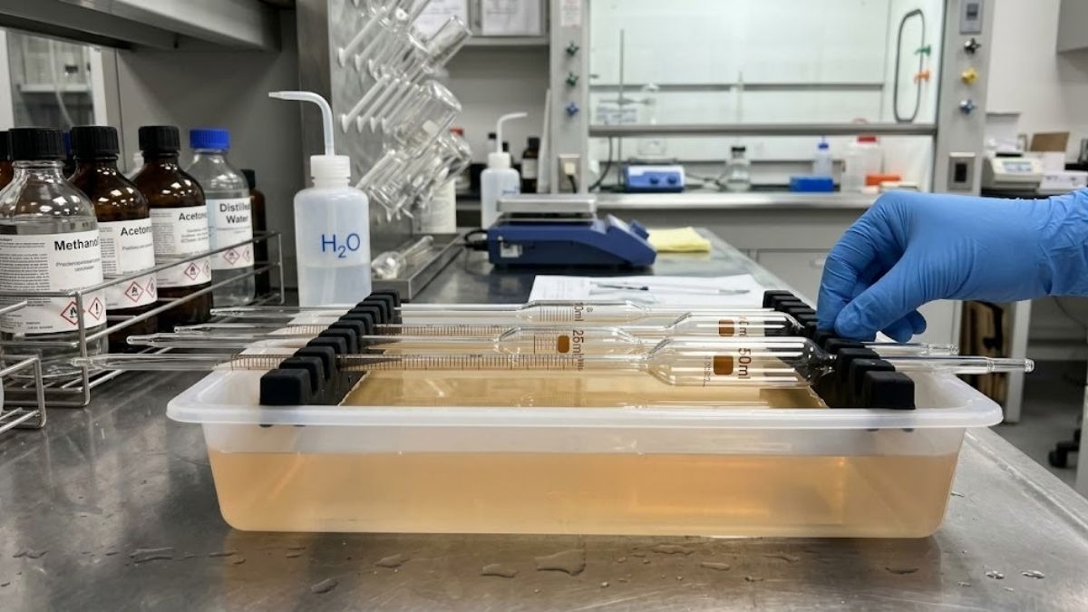 Quy trình ngâm pipet bầu trong dung dịch tẩy rửa hóa học và đặt trên giá silicon nằm ngang