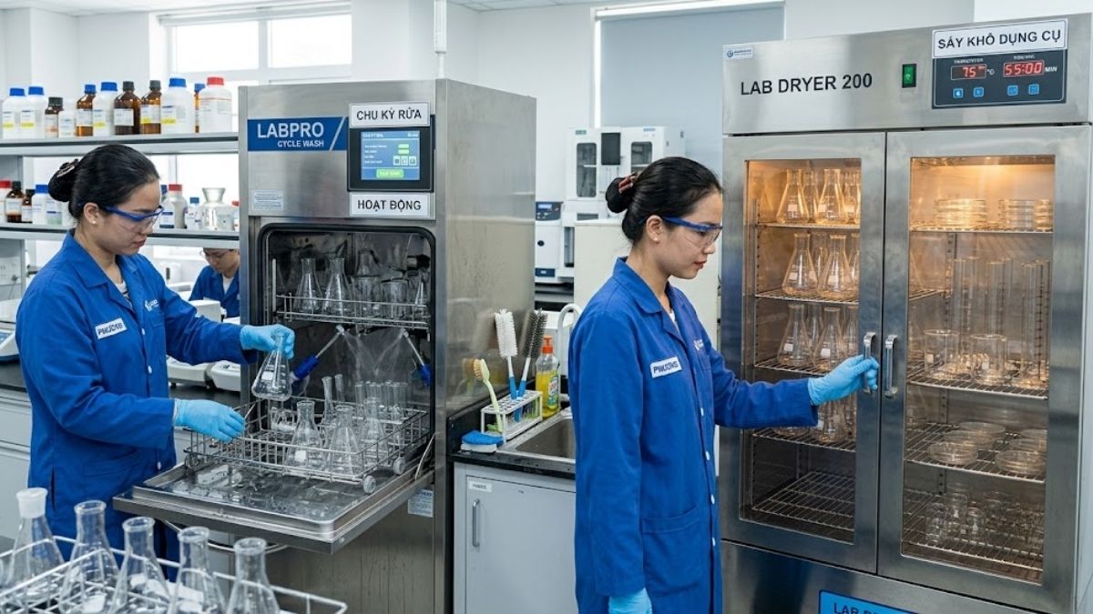 Thiết bị cọ rửa chuyên dụng và quy trình sấy khô dụng cụ thủy tinh phòng lab