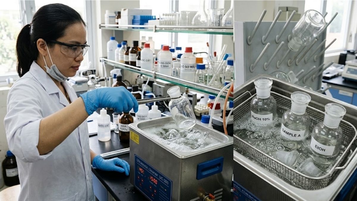 Quy trình vệ sinh chai thủy tinh cổ mài bằng bể siêu âm phòng lab