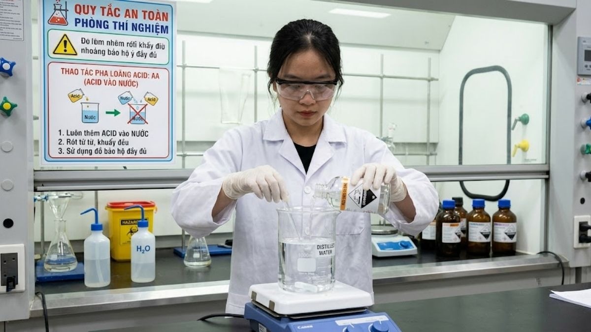 Biển báo an toàn phòng thí nghiệm và quy tắc thao tác rót acid vào nước