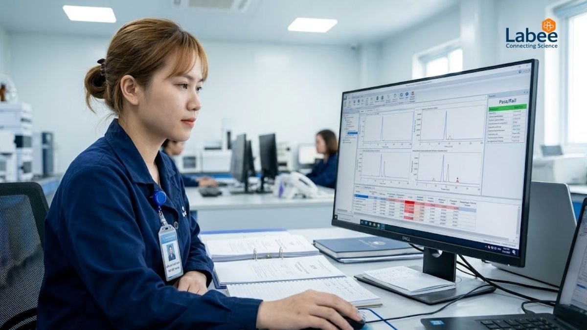 Cận cảnh một chuyên viên QA/QC đang kiểm tra hồ sơ dữ liệu phân tích sắc ký trên màn hình máy tính