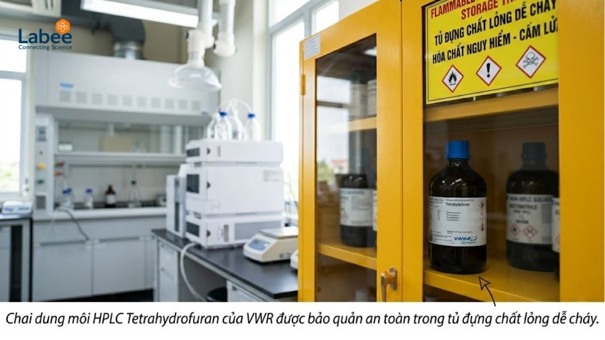 Chai dung môi HPLC chuẩn VWR đặt trong tủ an toàn hóa chất