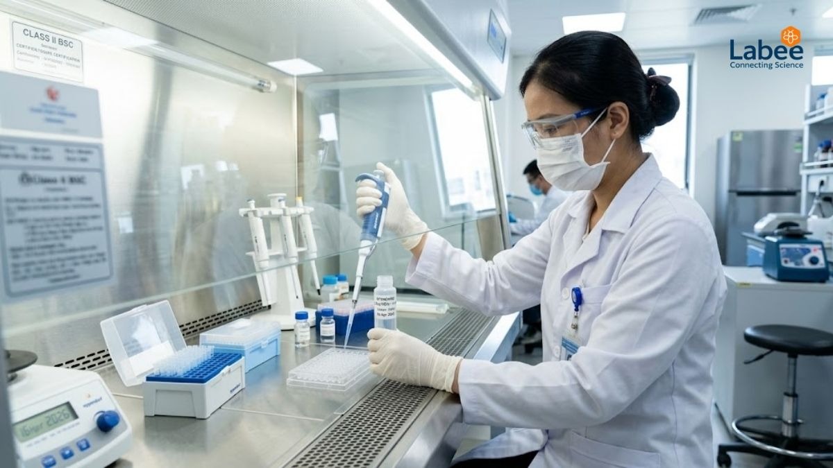 Kỹ thuật viên dùng micropipette định lượng hóa chất chuẩn trong tủ an toàn sinh học