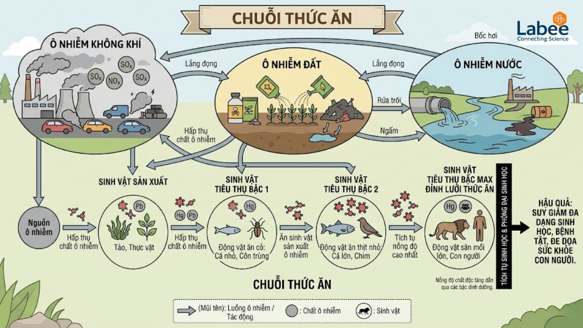 Biểu đồ thể hiện mối liên hệ sinh thái giữa ô nhiễm nước, đất và không khí tác động lên chuỗi thức ăn