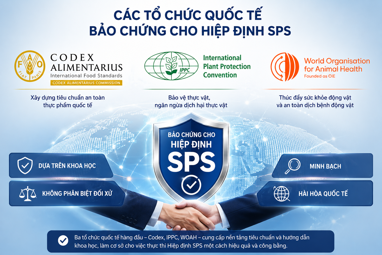 Các biểu tượng tổ chức quốc tế Codex, IPPC, WOAH bảo chứng cho Hiệp định SPS