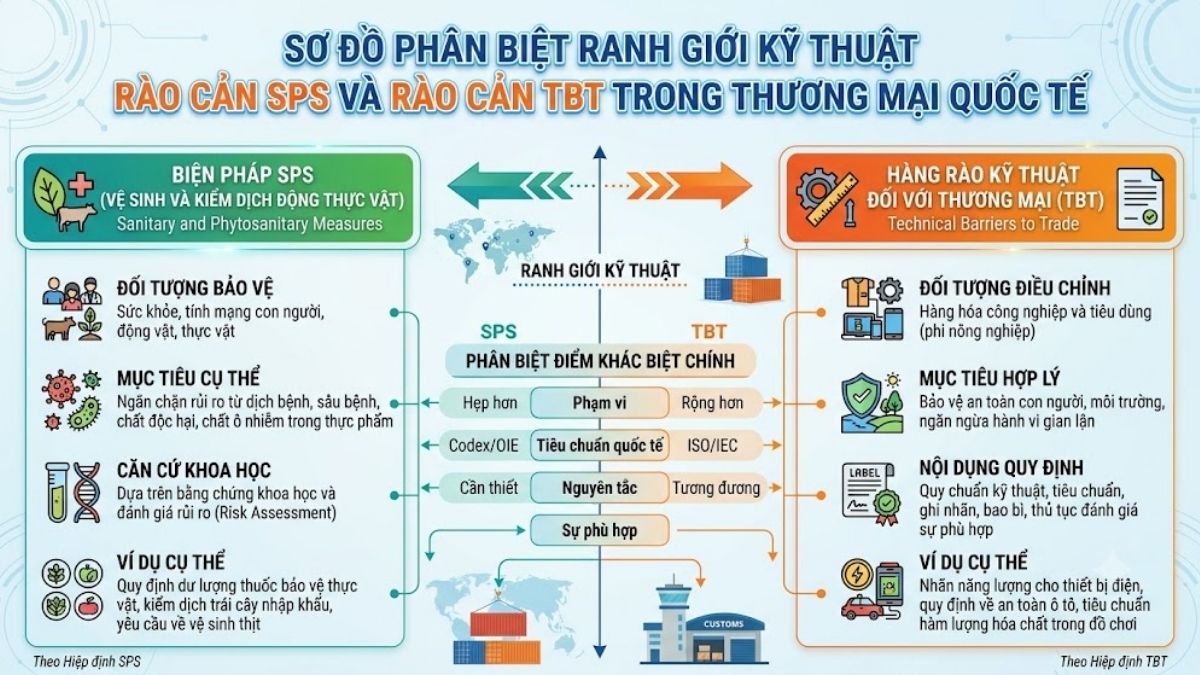 Sơ đồ phân biệt ranh giới kỹ thuật giữa rào cản SPS và rào cản TBT trong thương mại quốc tế