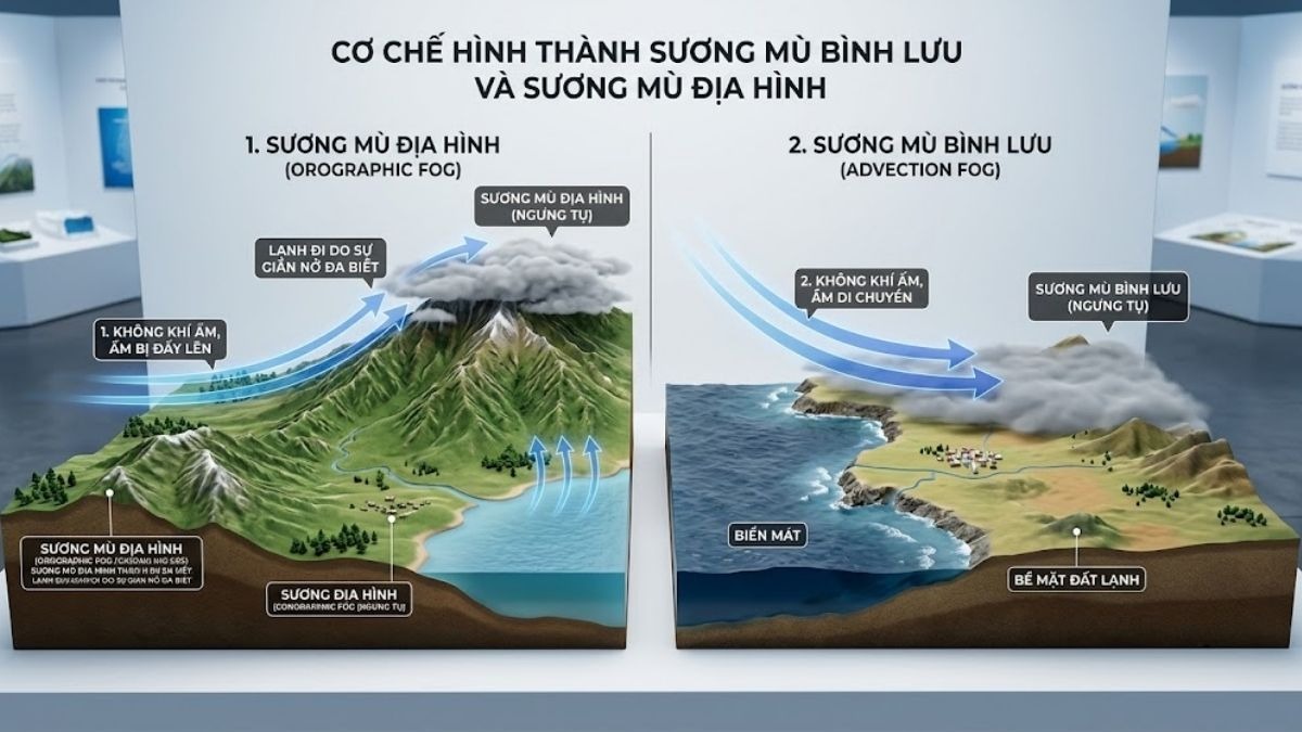 Mô hình 3D giải thích cơ chế hình thành sương mù bình lưu và sương mù địa hình