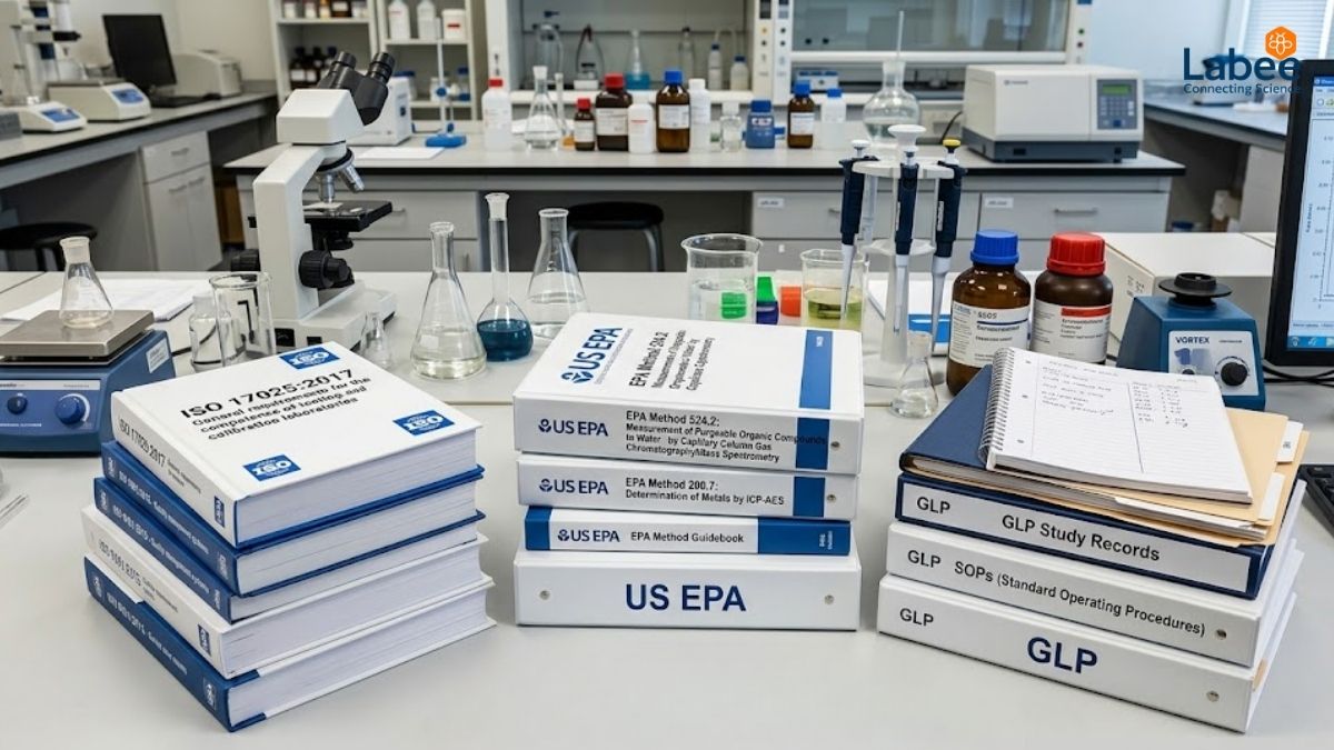 Hình ảnh các bộ tài liệu tiêu chuẩn ISO, US EPA, GLP được xếp trên bàn làm việc trong phòng Lab