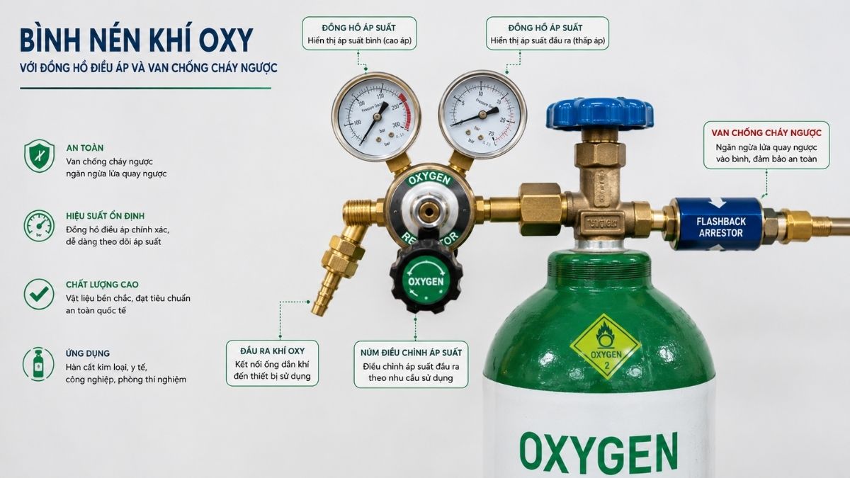 Bình nén khí Oxy với đồng hồ điều áp và van chống cháy ngược