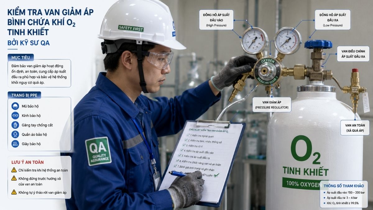 Kỹ sư QA đang kiểm tra van giảm áp của bình chứa khí O2 tinh khiết với trang bị PPE