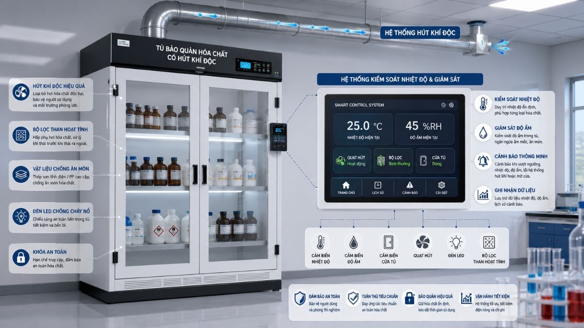 Tủ bảo quản hóa chất có hút khí độc và hệ thống kiểm soát nhiệt độ tại phòng lab