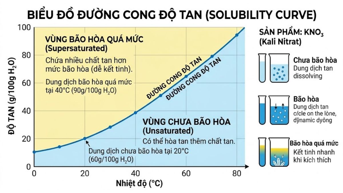 Biểu đồ đường cong độ tan (Solubility curve) biểu diễn vùng bão hòa, chưa bão hòa và bão hòa quá mức