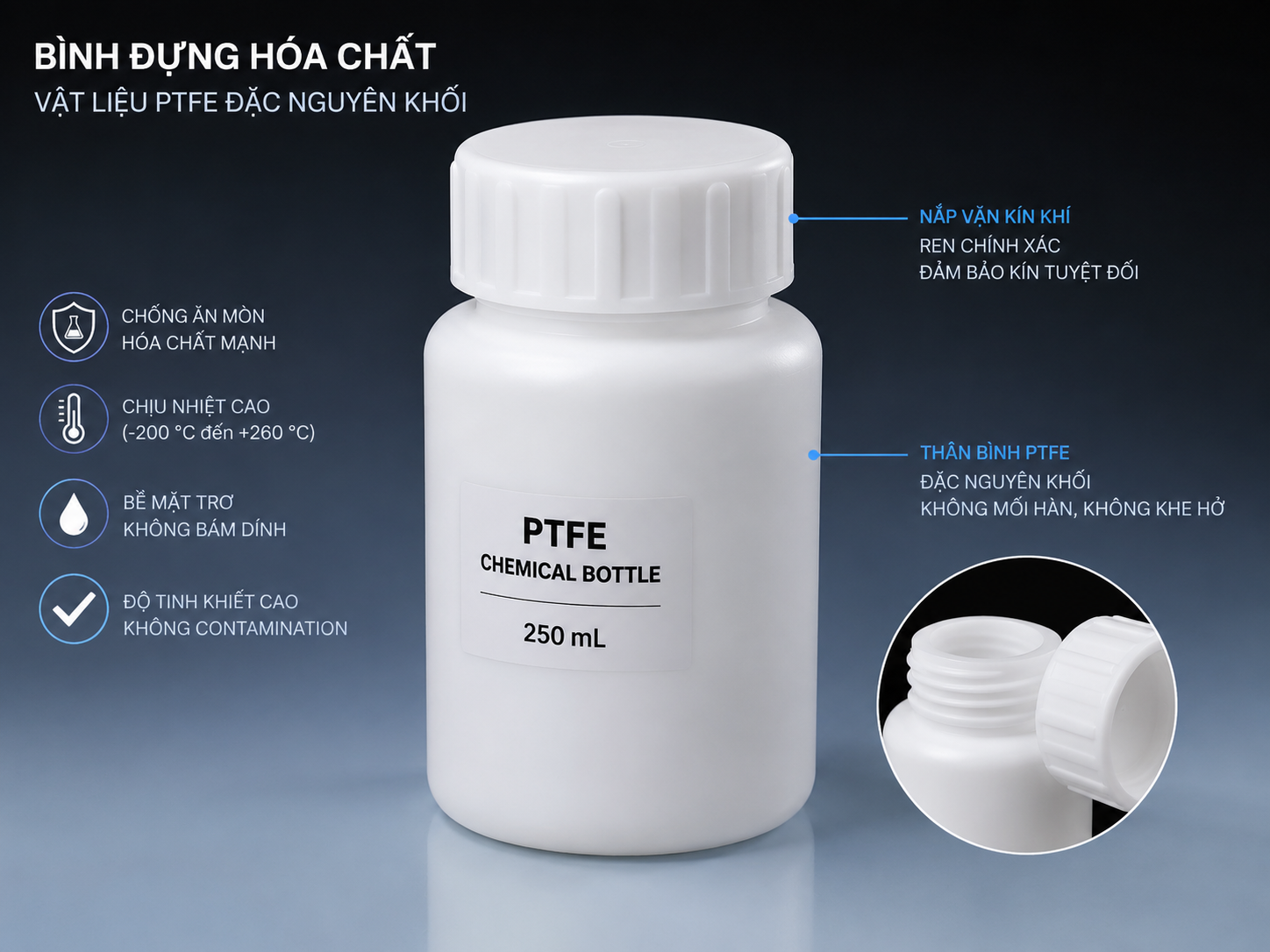 Bình đựng hóa chất bằng vật liệu nhựa PTFE đặc nguyên khối, nắp vặn kín khí