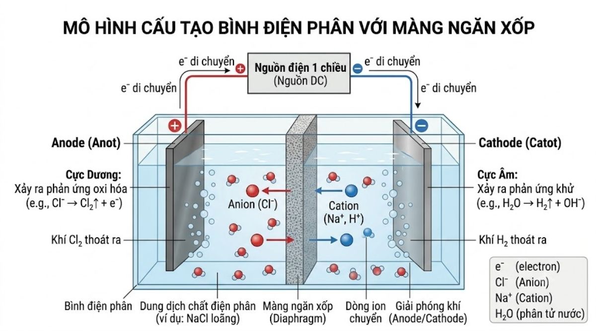 Mô hình cấu tạo bình điện phân với Nguồn DC, Anode, Cathode và màng ngăn xốp