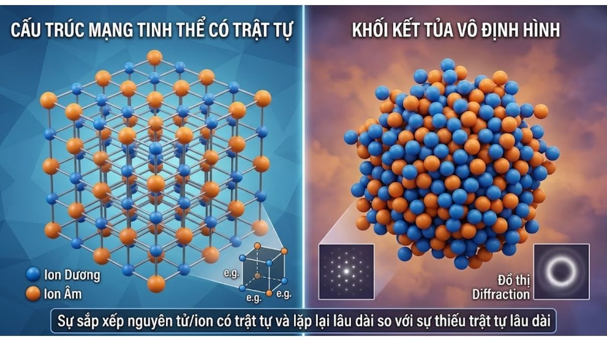 Đồ họa 3D mô phỏng sự khác biệt giữa cấu trúc mạng tinh thể có trật tự và khối kết tủa vô định hình