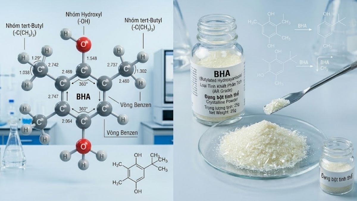 Cấu trúc phân tử 3D của BHA và bột tinh thể BHA tinh khiết loại AR