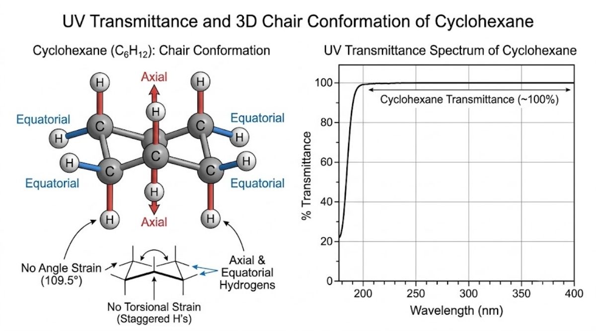 Mô hình phân tử 3D cấu trúc dạng ghế (chair conformation) của Cyclohexane và độ truyền suốt UV