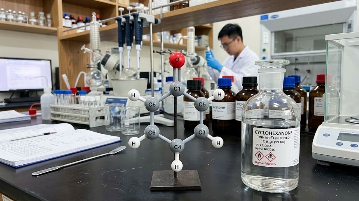 Cấu trúc không gian 3D của phân tử Cyclohexanone và chai dung môi tinh khiết đặt trong phòng lab