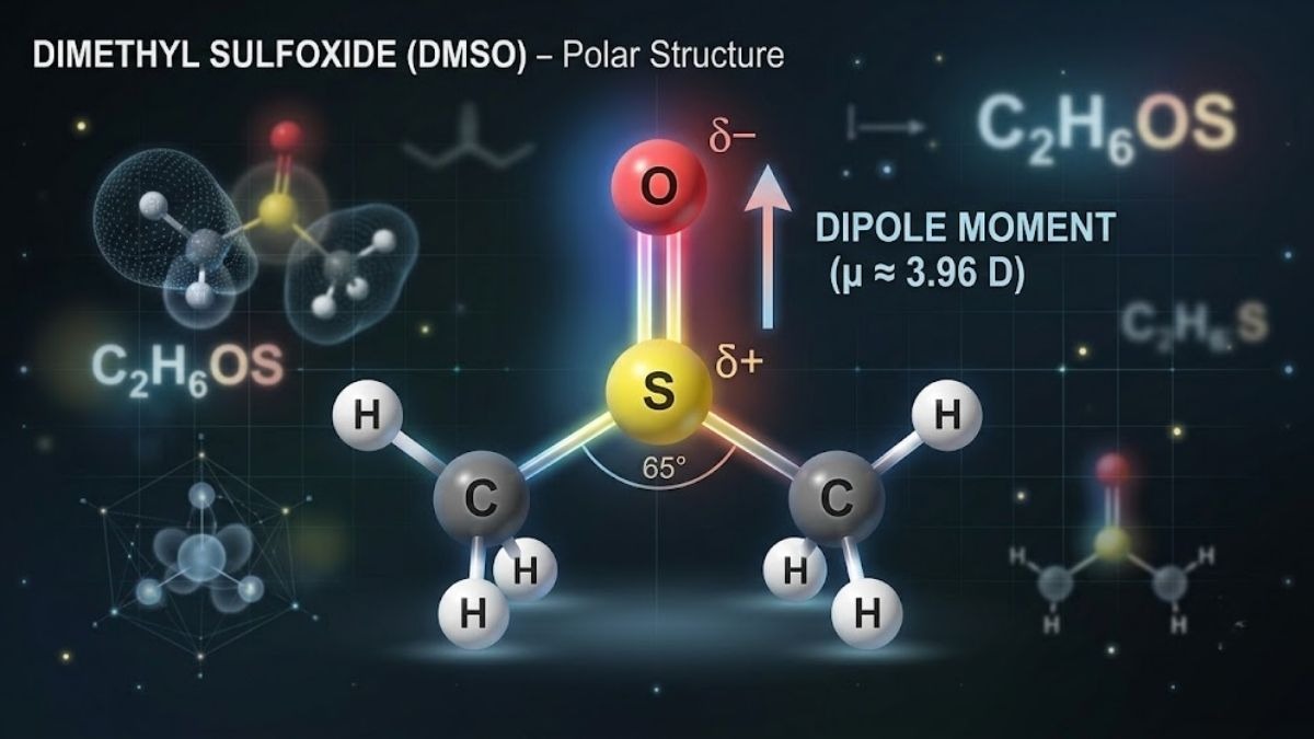 Mô hình cấu trúc phân tử 3D của Dimethyl Sulfoxide (DMSO) với các liên kết phân cực rõ nét
