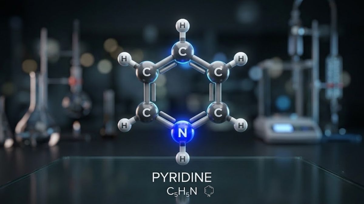 Đồ họa 3D cấu trúc phân tử Pyridine với nguyên tử Nitơ nổi bật màu xanh dương