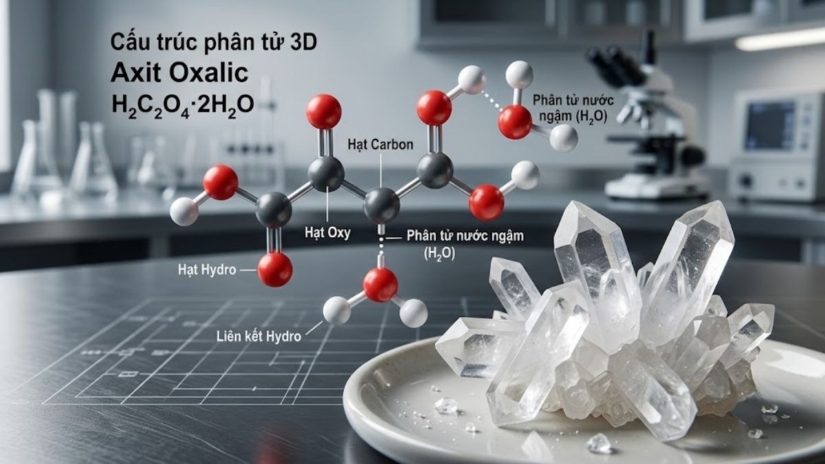 Cấu trúc phân tử 3D và tinh thể Axit Oxalic ngậm nước dạng thực tế