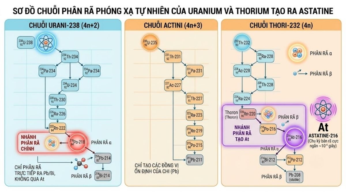 Sơ đồ chuỗi phân rã phóng xạ tự nhiên của Uranium và Thorium tạo ra Astatine