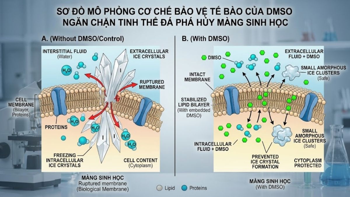 Sơ đồ mô phỏng cơ chế bảo vệ tế bào của DMSO ngăn chặn tinh thể đá phá hủy màng sinh học