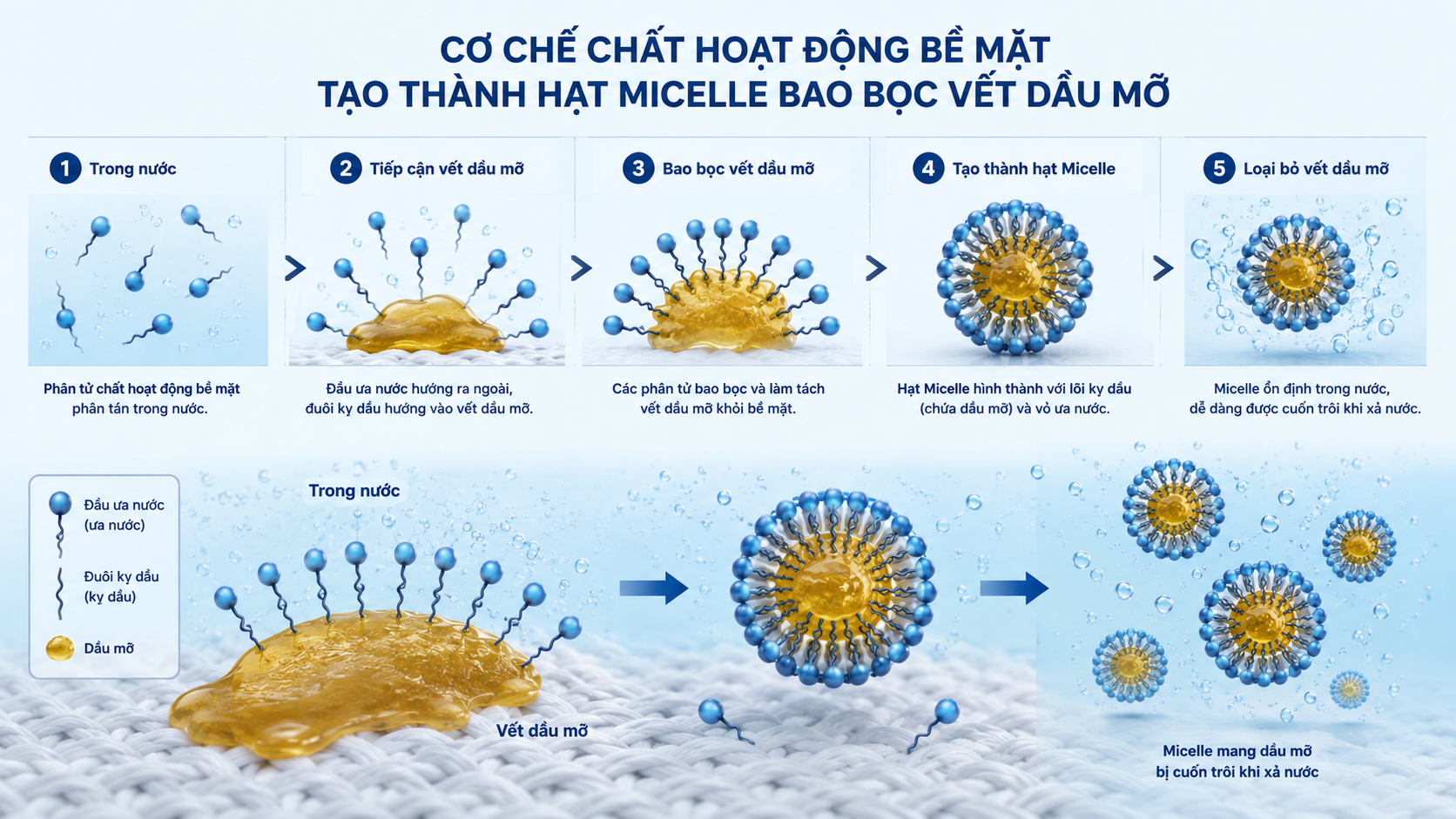 Cơ chế chất hoạt động bề mặt tạo thành hạt Micelle bao bọc vết dầu mỡ