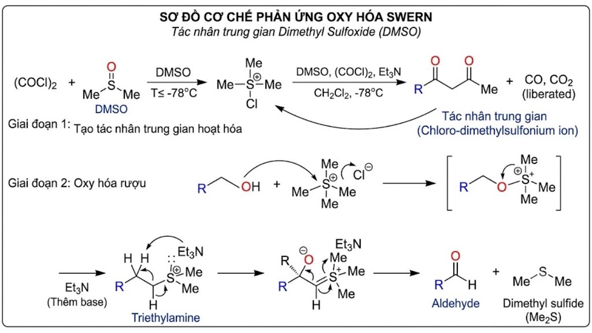 Sơ đồ cơ chế phản ứng oxy hóa Swern sử dụng tác nhân trung gian Dimethyl Sulfoxide