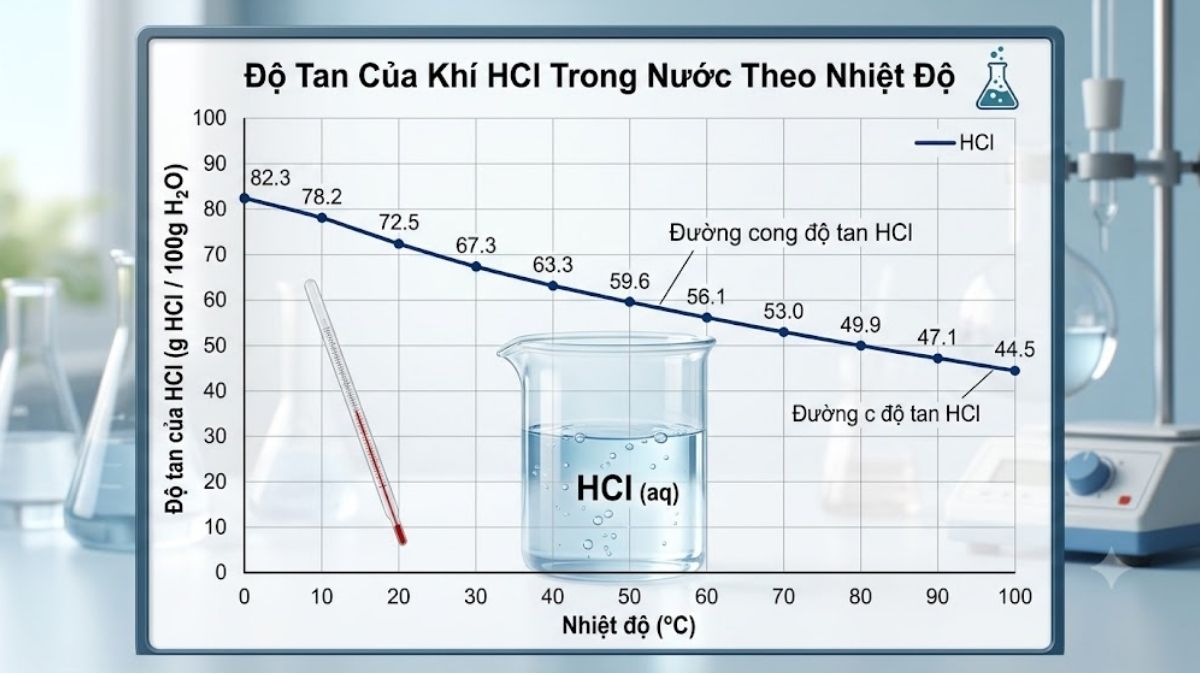 Đồ thị biểu diễn độ tan của khí HCl trong nước theo nhiệt độ