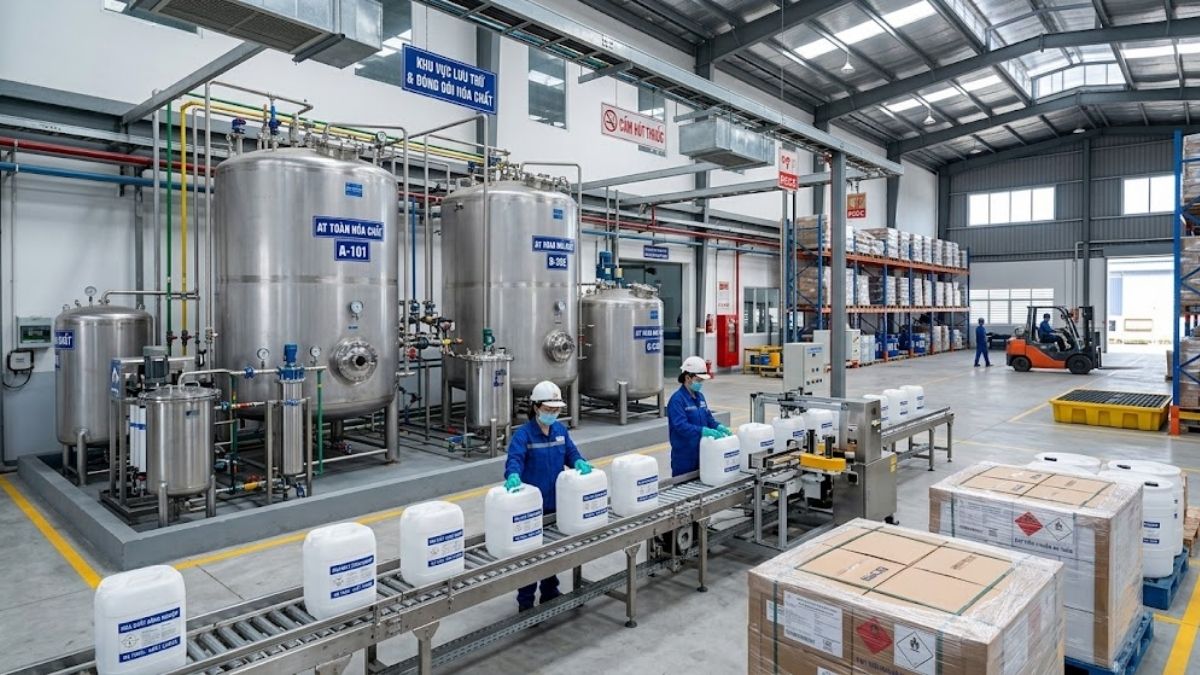 Hệ thống bồn chứa và đóng gói hóa chất công nghiệp đạt tiêu chuẩn an toàn tại kho hàng
