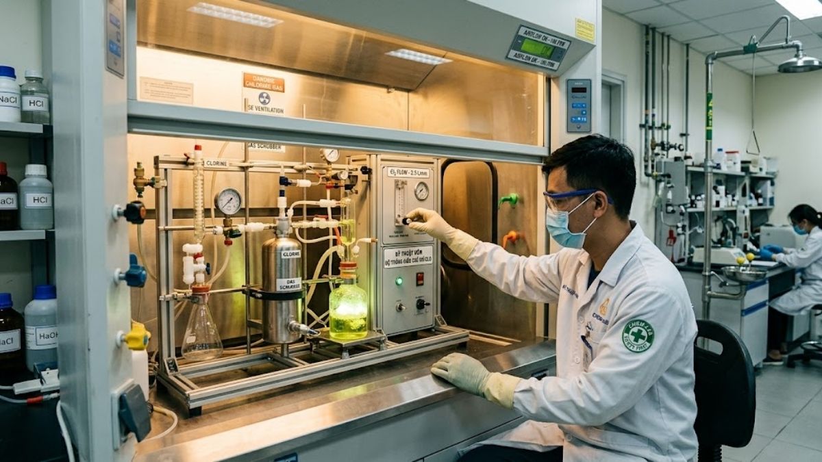 Kỹ thuật viên thao tác hệ thống điều chế khí Clo bên trong tủ hút khí độc tiêu chuẩn