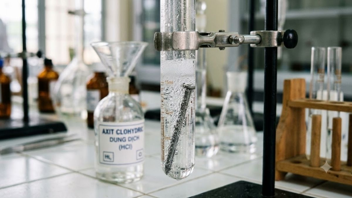 Thí nghiệm đinh sắt phản ứng sủi bọt khí trong dung dịch axit HCl
