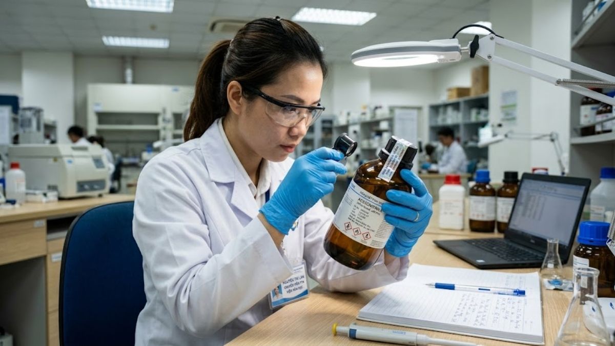 Chuyên viên phòng lab kiểm tra cẩn thận tem nhãn và niêm phong của chai hóa chất tinh khiết