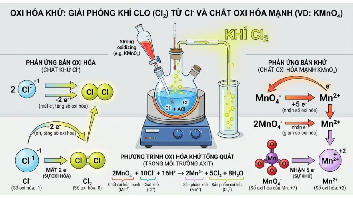Minh họa cơ chế phản ứng oxi hóa khử giải phóng khí Cl2 từ ion Cl- và chất oxi hóa mạnh
