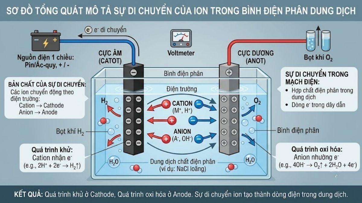 Sơ đồ tổng quát mô tả sự di chuyển của ion trong bình điện phân dung dịch